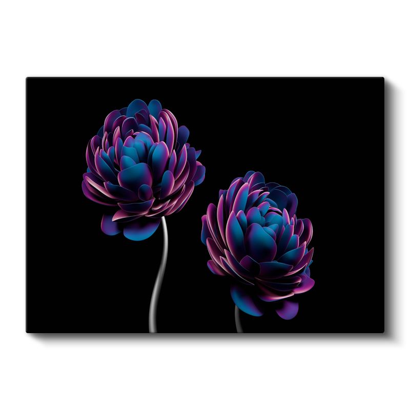 Neon Çiçekler - Siyah Zeminde Mor Mavi Vektörel Çiçek Formları Kanvas Tablo