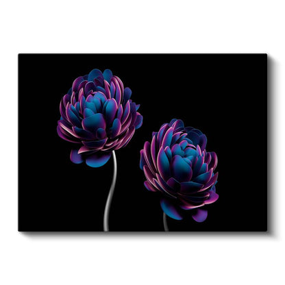 Neon Çiçekler - Siyah Zeminde Mor Mavi Vektörel Çiçek Formları Kanvas Tablo