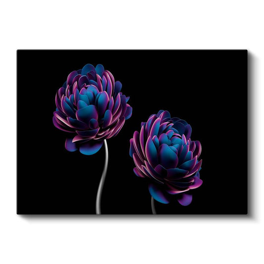Neon Çiçekler - Siyah Zeminde Mor Mavi Vektörel Çiçek Formları Kanvas Tablo