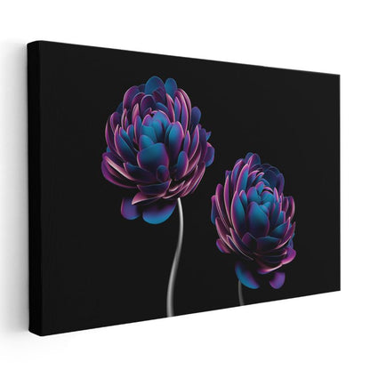 Neon Çiçekler - Siyah Zeminde Mor Mavi Vektörel Çiçek Formları Kanvas Tablo
