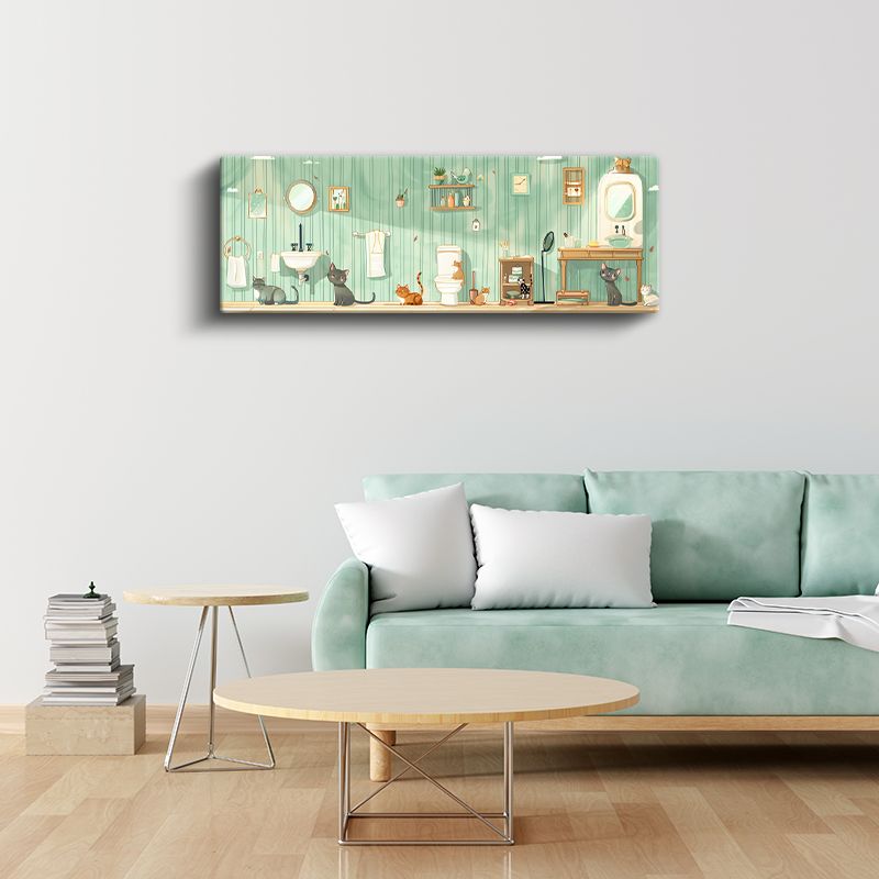 Kedi Dostları - Yeşil Banyo Eğlenceli İllüstrasyon Kanvas Tablo