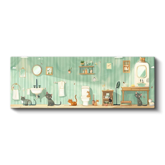 Kedi Dostları - Yeşil Banyo Eğlenceli İllüstrasyon Kanvas Tablo