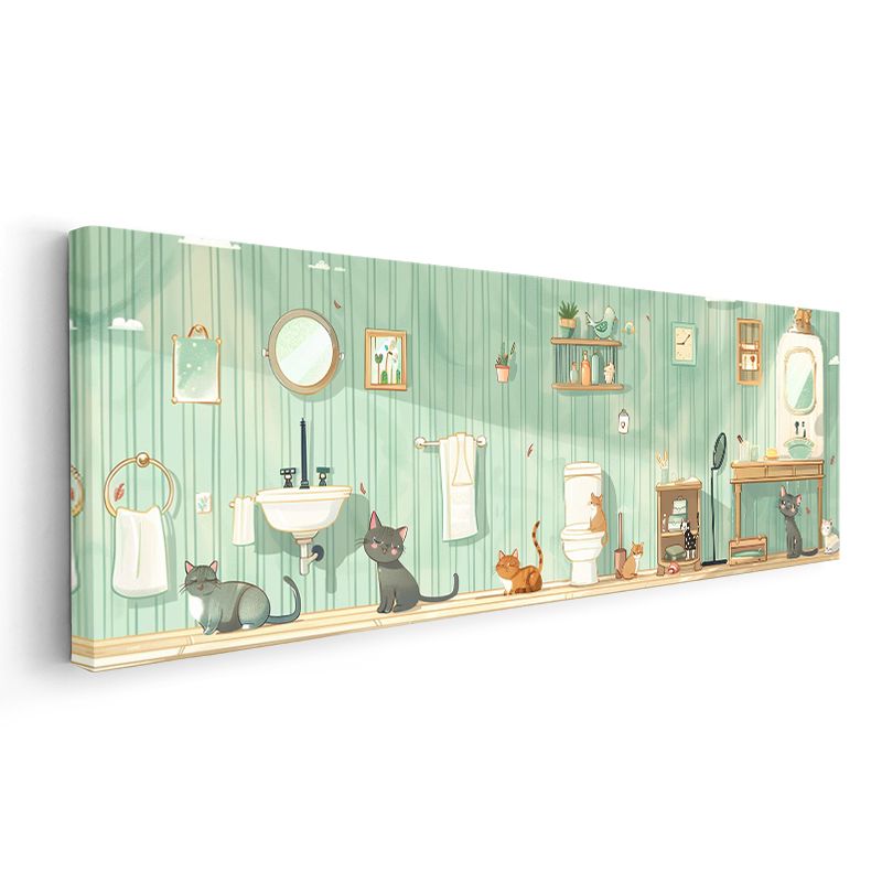Kedi Dostları - Yeşil Banyo Eğlenceli İllüstrasyon Kanvas Tablo