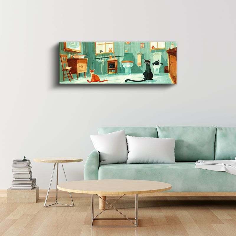 Neşeli Kediler - Vektörel Çizgi Film Tarzı Banyo Sahnesi Kanvas Tablo