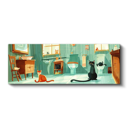 Neşeli Kediler - Vektörel Çizgi Film Tarzı Banyo Sahnesi Kanvas Tablo
