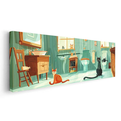 Neşeli Kediler - Vektörel Çizgi Film Tarzı Banyo Sahnesi Kanvas Tablo