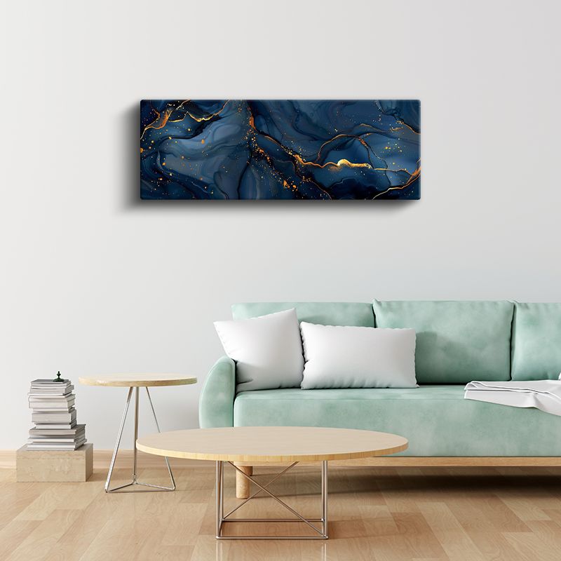 Okyanus Derinliği - Altın Çizgili Mavi Soyut Dalgalar Kanvas Tablo