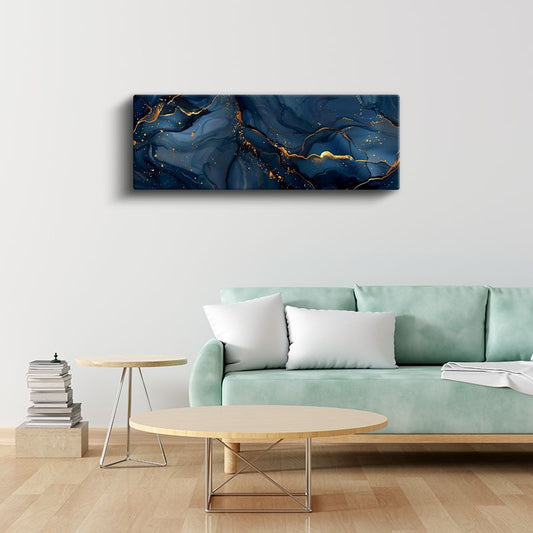 Okyanus Derinliği - Altın Çizgili Mavi Soyut Dalgalar Kanvas Tablo