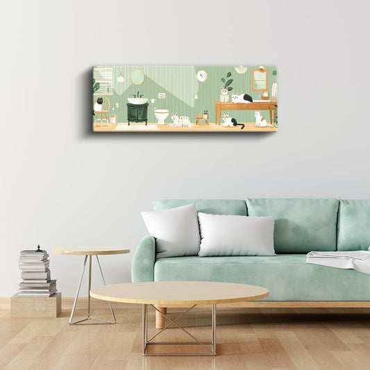 Kedi Dostları - Yeşil Banyo Temalı Vektörel İllüstrasyon Kanvas Tablo