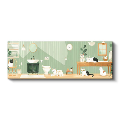 Kedi Dostları - Yeşil Banyo Temalı Vektörel İllüstrasyon Kanvas Tablo