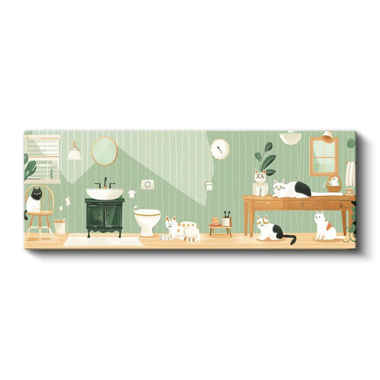 Kedi Dostları - Yeşil Banyo Temalı Vektörel İllüstrasyon Kanvas Tablo