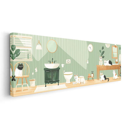 Kedi Dostları - Yeşil Banyo Temalı Vektörel İllüstrasyon Kanvas Tablo