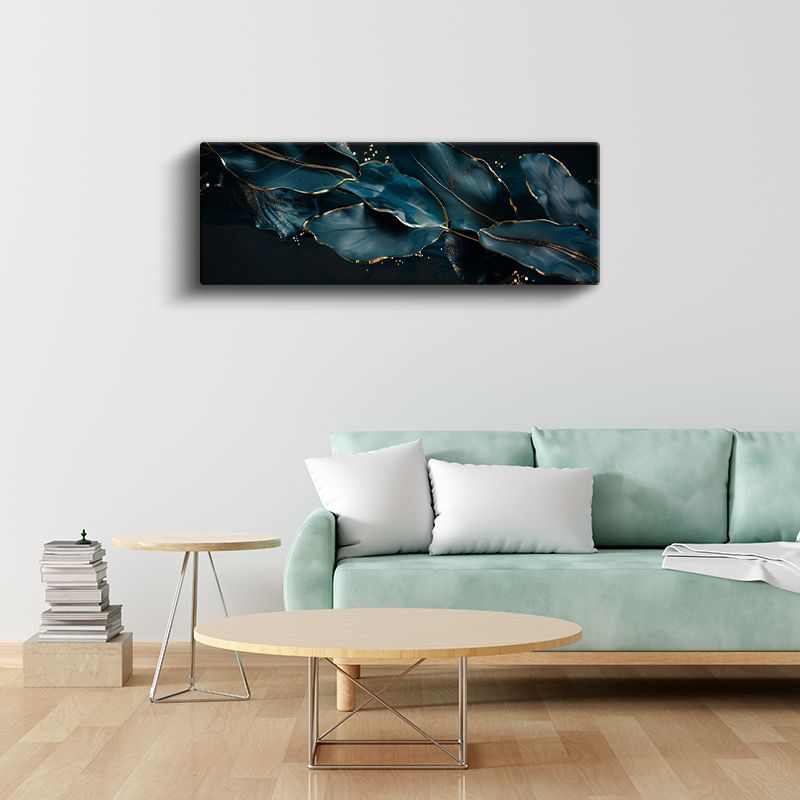 Lüks Yapraklar - Lacivert ve Altın Detaylı Zarif Kanvas Tablo