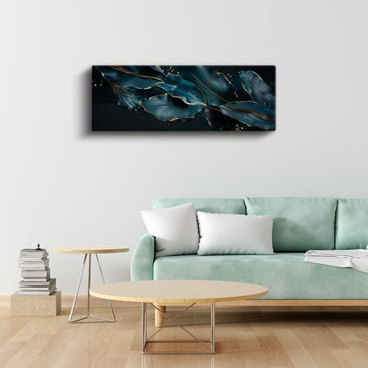 Lüks Yapraklar - Lacivert ve Altın Detaylı Zarif Kanvas Tablo