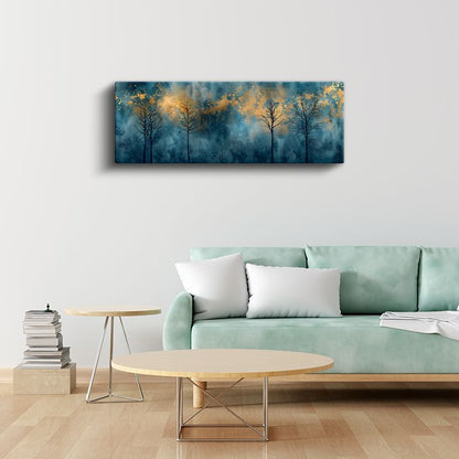 Gece Ormanı - Altın Işıklı Ağaç Siluetleri Kanvas Tablo