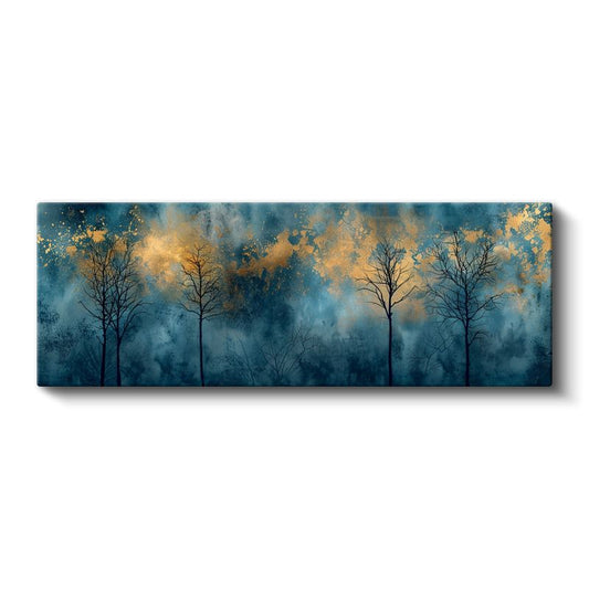 Gece Ormanı - Altın Işıklı Ağaç Siluetleri Kanvas Tablo