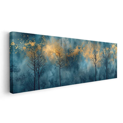 Gece Ormanı - Altın Işıklı Ağaç Siluetleri Kanvas Tablo