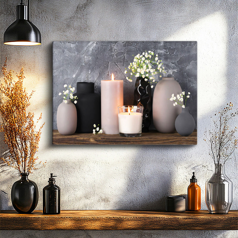 Yatay Kanvas Tablo Mum ve Çiçek Vazo Seti Modern Tablo Ev Ofis Duvar Dekoru