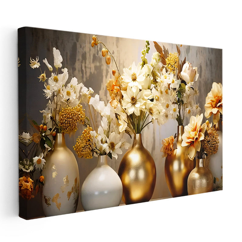 Yatay Kanvas Tablo Altın Vazolu Çiçekler Modern Tablo Ev Ofis Duvar Dekoru