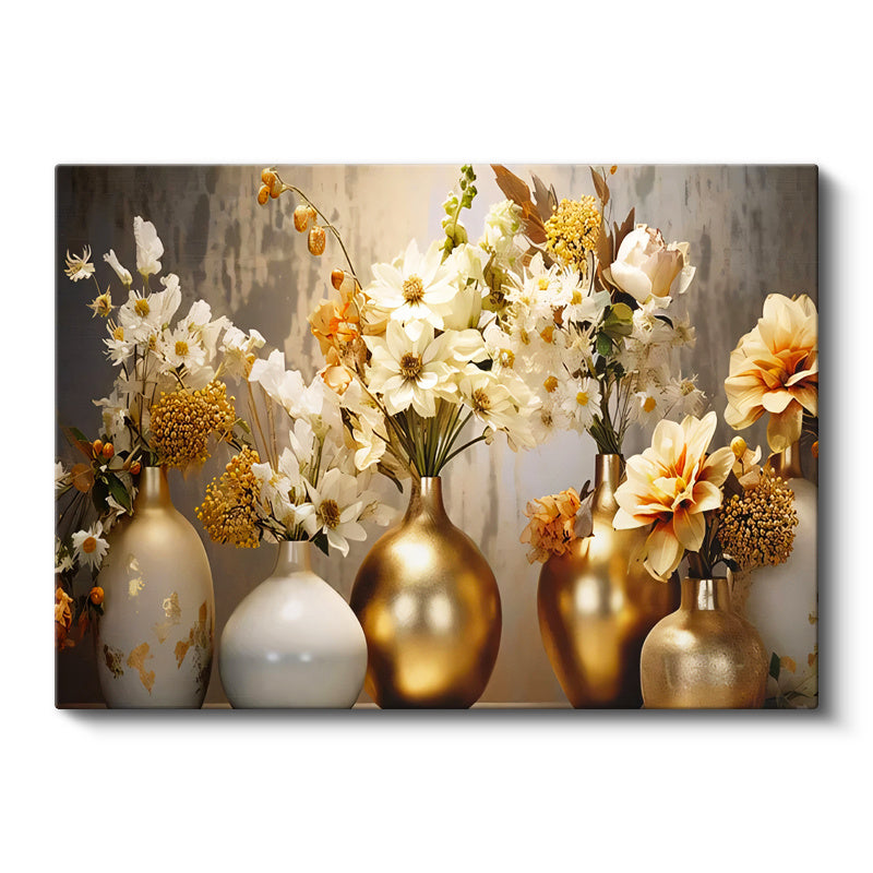 Yatay Kanvas Tablo Altın Vazolu Çiçekler Modern Tablo Ev Ofis Duvar Dekoru