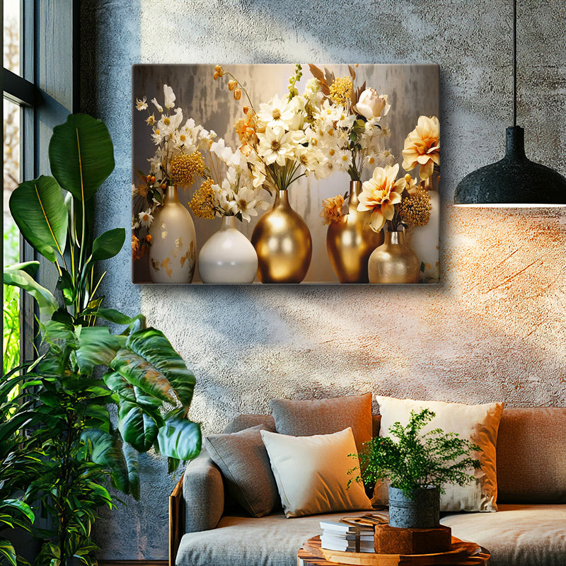 Yatay Kanvas Tablo Altın Vazolu Çiçekler Modern Tablo Ev Ofis Duvar Dekoru