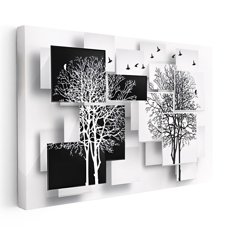 Yatay Kanvas Tablo Kuş ve Ağaç Silüetleri Modern Sanat Tablosu Ev Ofis Duvar Dekoru