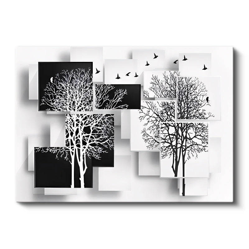 Yatay Kanvas Tablo Kuş ve Ağaç Silüetleri Modern Sanat Tablosu Ev Ofis Duvar Dekoru