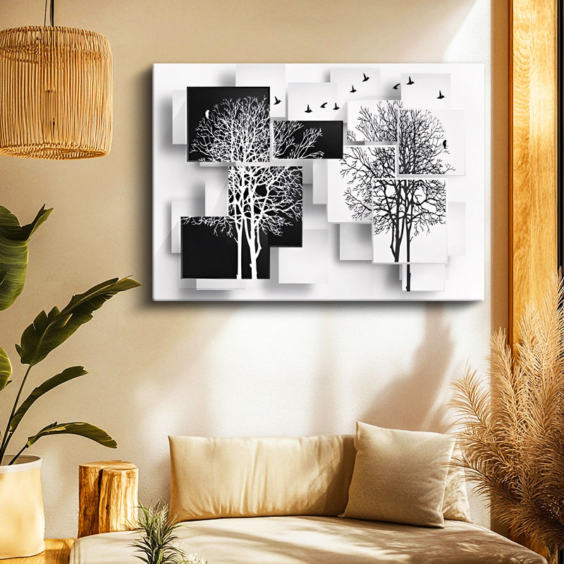 Yatay Kanvas Tablo Kuş ve Ağaç Silüetleri Modern Sanat Tablosu Ev Ofis Duvar Dekoru