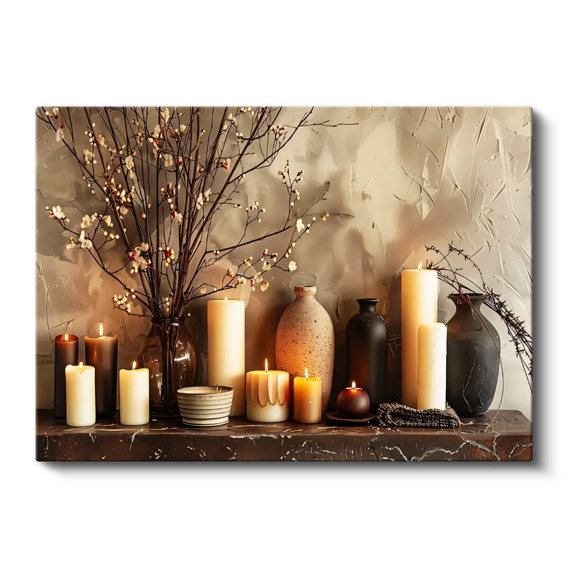 Yatay Kanvas Tablo Mumlar ve Çiçekli Vazo Modern Tablo Ev Ofis Duvar Dekoru