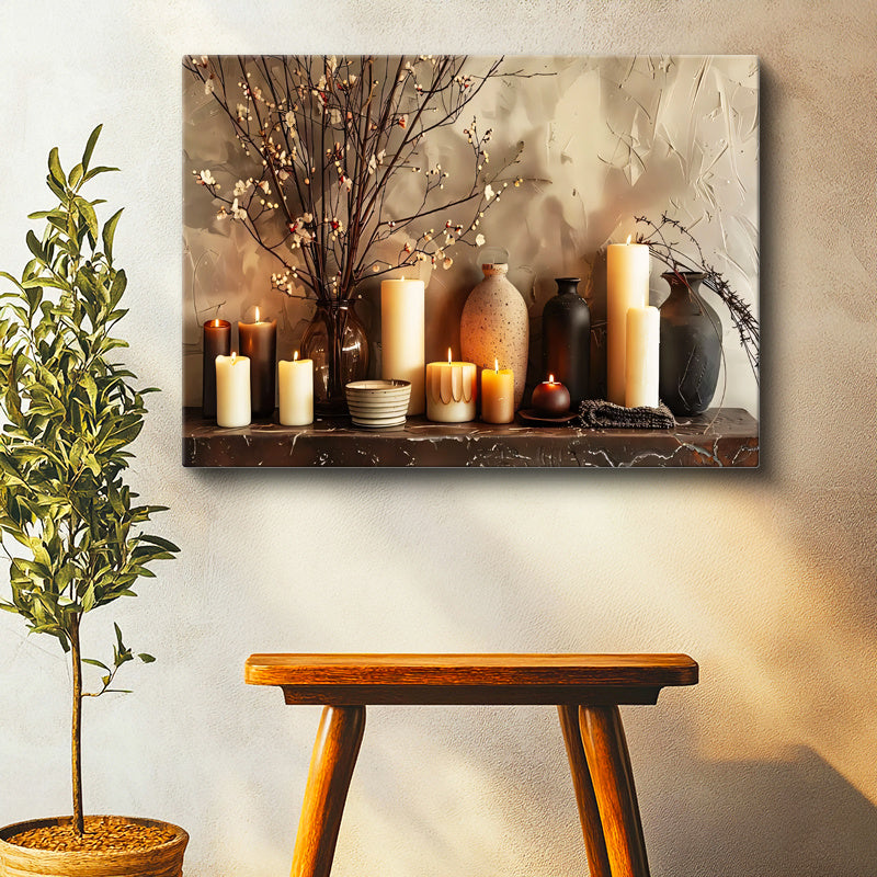 Yatay Kanvas Tablo Mumlar ve Çiçekli Vazo Modern Tablo Ev Ofis Duvar Dekoru