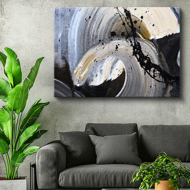 Yatay Kanvas Tablo Siyah Ve Bej Fırça Darbeleri Soyut Tablo Ev Ofis Duvar Dekoru