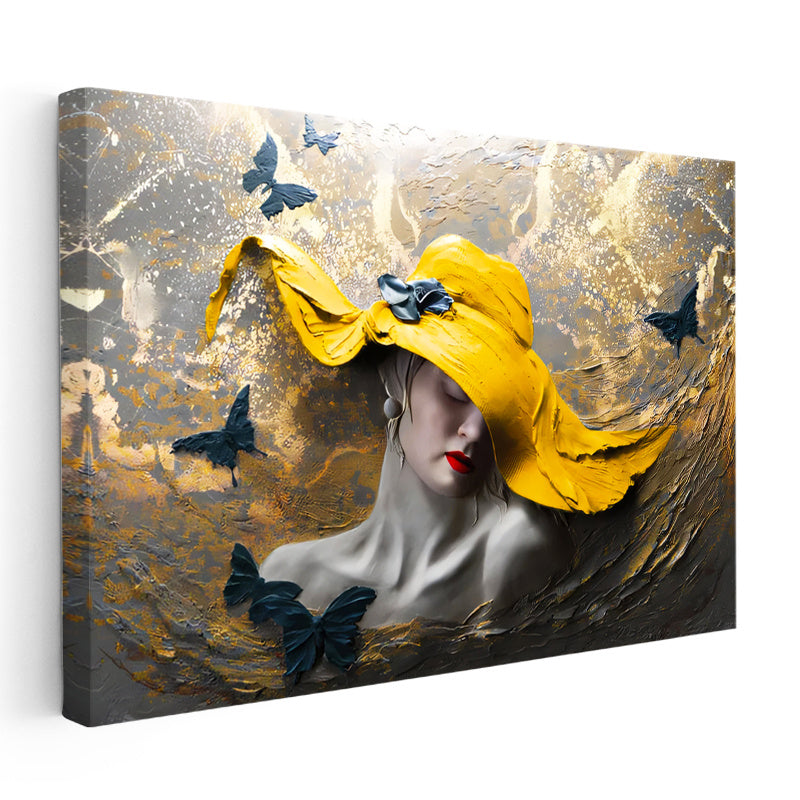 Yatay Kanvas Tablo Sarı Şapkalı Kadın Ve Kelebek Modern Sanat Tablosu Ev Ofis Duvar Dekoru