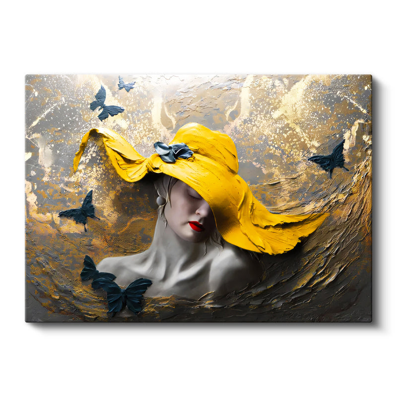 Yatay Kanvas Tablo Sarı Şapkalı Kadın Ve Kelebek Modern Sanat Tablosu Ev Ofis Duvar Dekoru