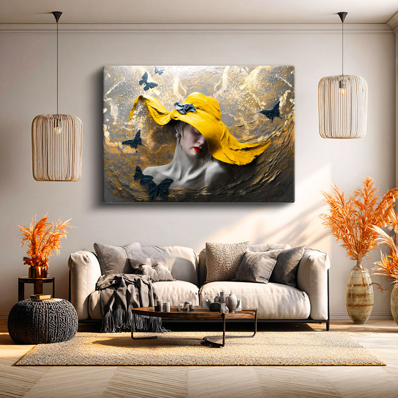 Yatay Kanvas Tablo Sarı Şapkalı Kadın Ve Kelebek Modern Sanat Tablosu Ev Ofis Duvar Dekoru