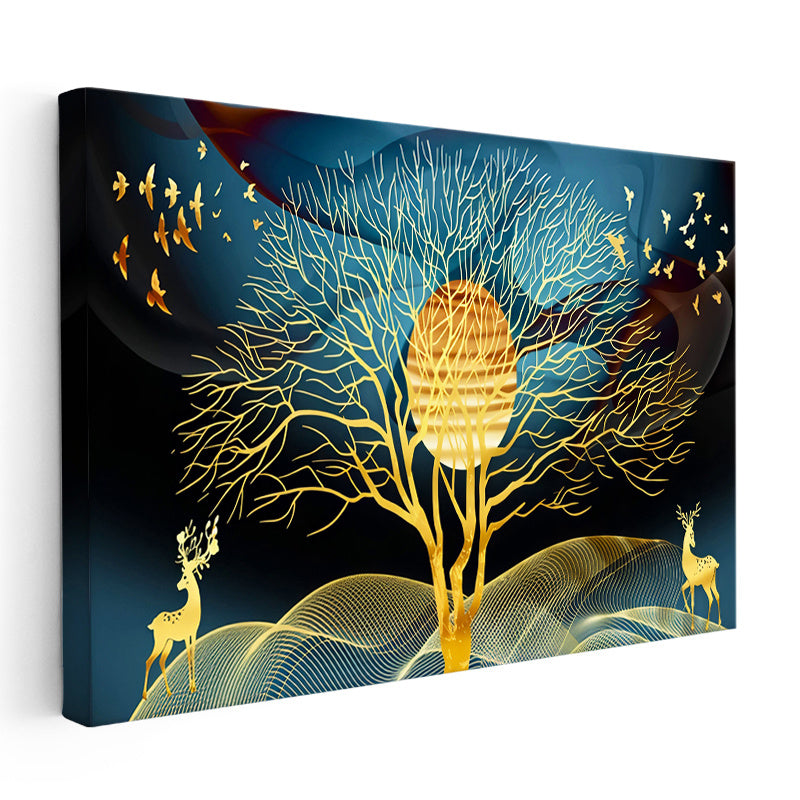 Yatay Kanvas Tablo Altın Ağaç Ve Geyik Silüeti Modern Sanat Tablosu Ev Ofis Duvar Dekoru