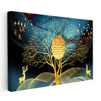 Yatay Kanvas Tablo Altın Ağaç Ve Geyik Silüeti Modern Sanat Tablosu Ev Ofis Duvar Dekoru