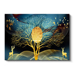 Yatay Kanvas Tablo Altın Ağaç Ve Geyik Silüeti Modern Sanat Tablosu Ev Ofis Duvar Dekoru