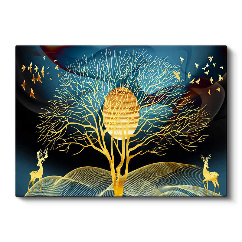 Yatay Kanvas Tablo Altın Ağaç Ve Geyik Silüeti Modern Sanat Tablosu Ev Ofis Duvar Dekoru