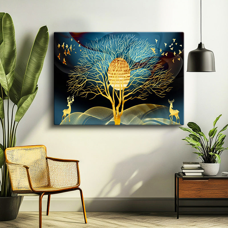 Yatay Kanvas Tablo Altın Ağaç Ve Geyik Silüeti Modern Sanat Tablosu Ev Ofis Duvar Dekoru