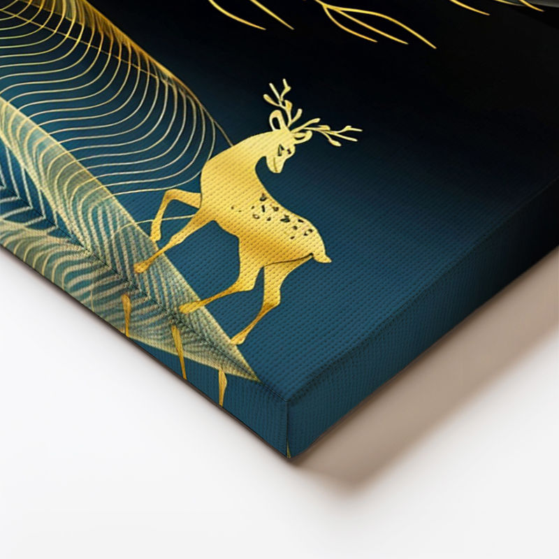 Yatay Kanvas Tablo Altın Ağaç Ve Geyik Silüeti Modern Sanat Tablosu Ev Ofis Duvar Dekoru