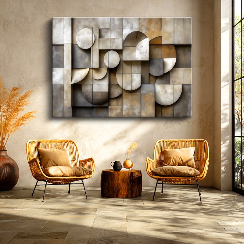 Yatay Kanvas Tablo Geometrik Bloklar Ve Eğriler Modern Soyut Tablosu Ev Ofis Duvar Dekoru