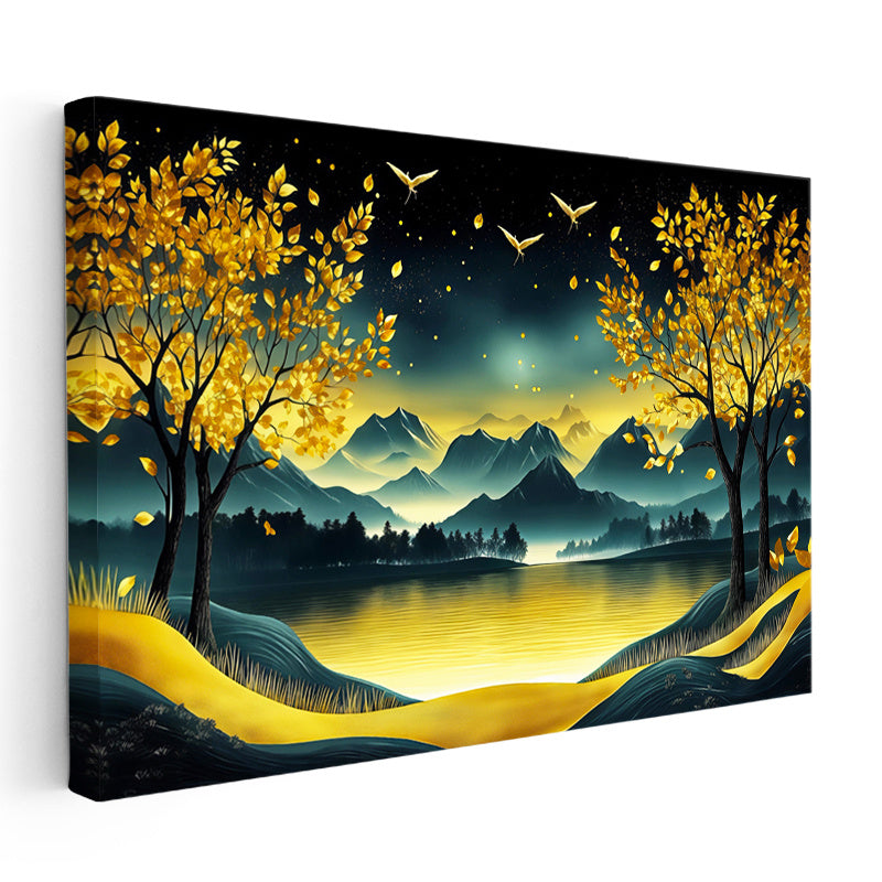 Yatay Kanvas Tablo Altın Yansımalı Göl Ve Dağ Modern Manzara Tablosu Ev Ofis Duvar Dekoru