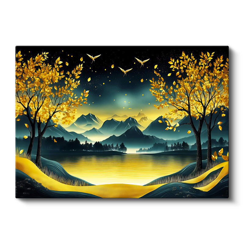 Yatay Kanvas Tablo Altın Yansımalı Göl Ve Dağ Modern Manzara Tablosu Ev Ofis Duvar Dekoru
