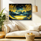 Yatay Kanvas Tablo Altın Yansımalı Göl Ve Dağ Modern Manzara Tablosu Ev Ofis Duvar Dekoru