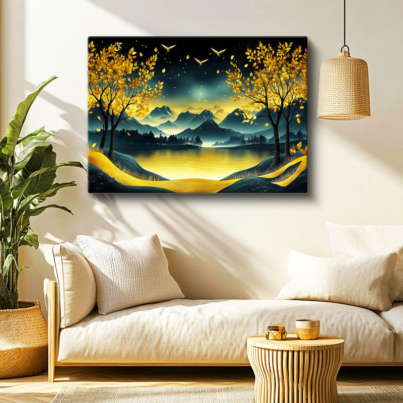 Yatay Kanvas Tablo Altın Yansımalı Göl Ve Dağ Modern Manzara Tablosu Ev Ofis Duvar Dekoru