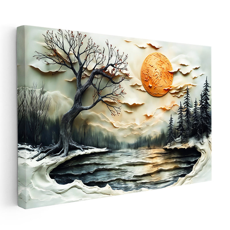 Yatay Kanvas Tablo Karlı Doğa Ve Kuru Ağaç Kabartma Görünümlü Tablo Ev Ofis Duvar Dekoru