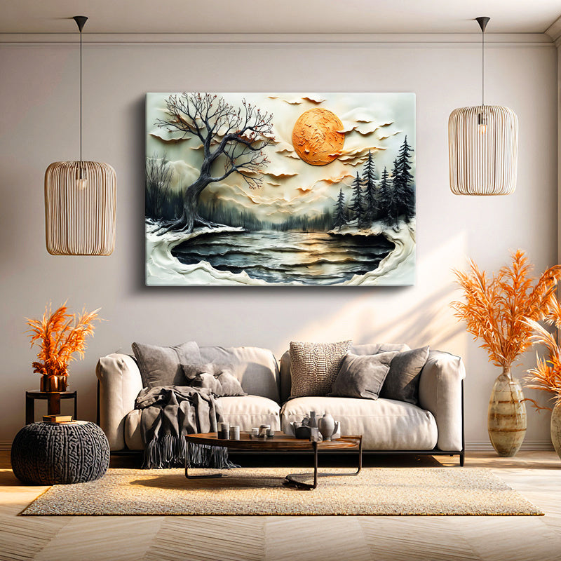 Yatay Kanvas Tablo Karlı Doğa Ve Kuru Ağaç Kabartma Görünümlü Tablo Ev Ofis Duvar Dekoru