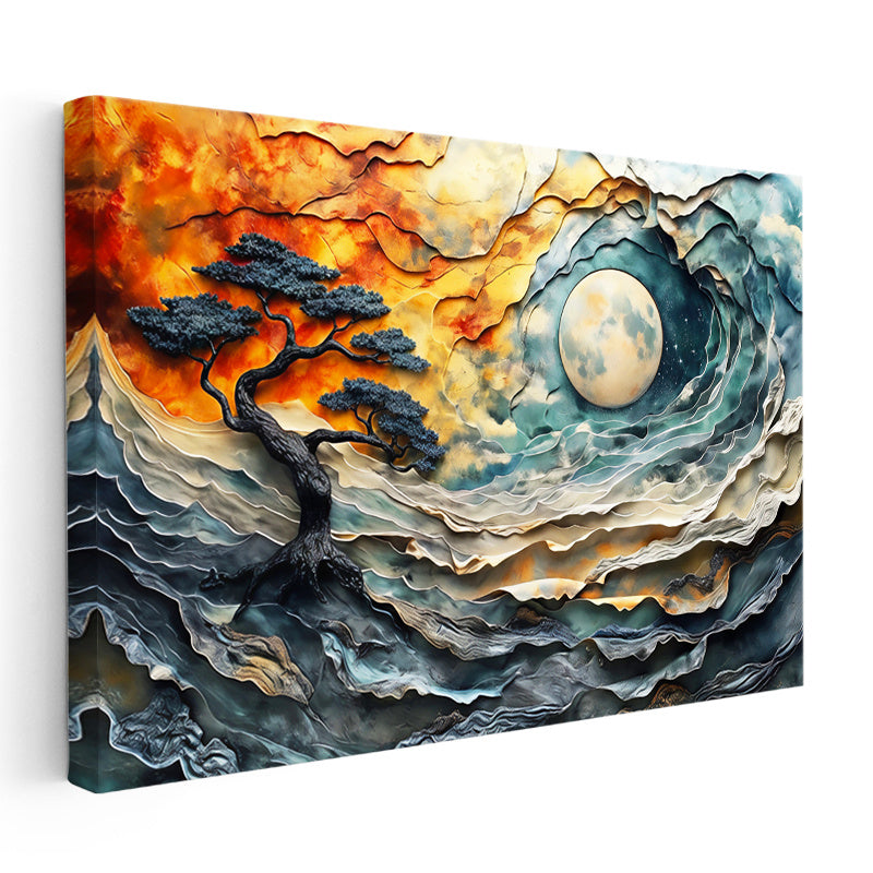 Yatay Kanvas Tablo Dalgalar Ve Dolunay Altında Ağaç Sürrealist Manzara Tablosu Ev Ofis Duvar Dekoru