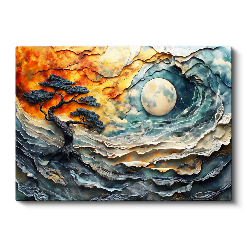 Yatay Kanvas Tablo Dalgalar Ve Dolunay Altında Ağaç Sürrealist Manzara Tablosu Ev Ofis Duvar Dekoru