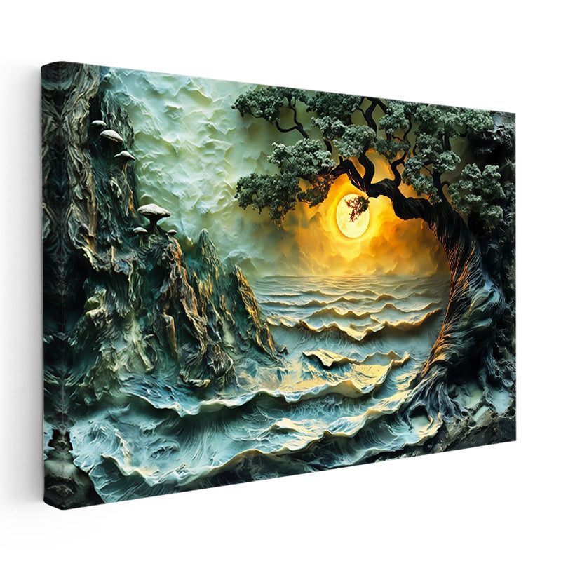 Yatay Kanvas Tablo Kayalık Sahil Ve Güneş Dokusu Kabartma Görünümlü Tablo Ev Ofis Duvar Dekoru